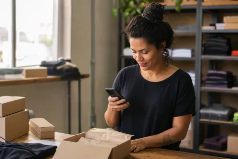 Dona de loja virtual confere o celular na mesa de embalagem, entre caixas de pedidos