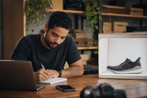 Empreendedor faz anotações ao lado do notebook, com um tênis numa caixa sobre a mesa