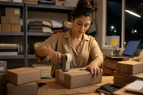 Dona de loja virtual fecha caixas de pedidos à noite, no estoque