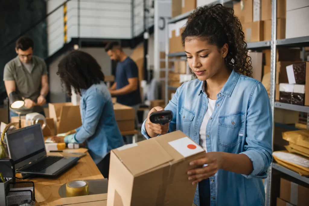 Equipe brasileira de e-commerce organizando produtos e pedidos para a Black Friday em um pequeno estoque.