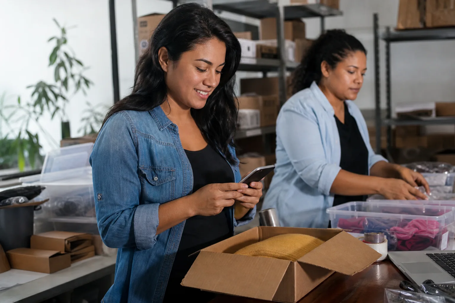Dona de loja virtual acompanha mensagens de pedidos no celular enquanto a equipe separa produtos para envio.
