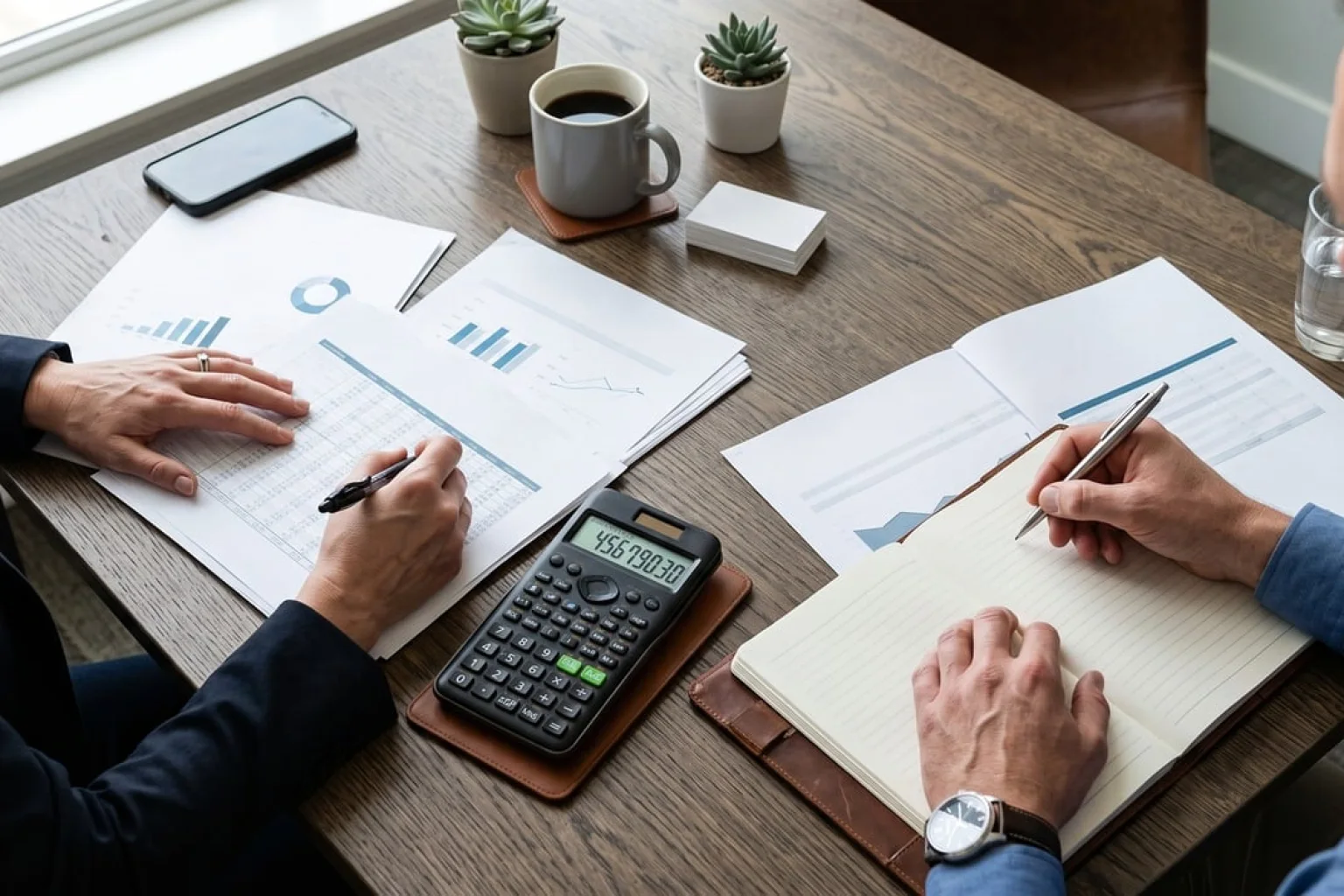 Sócios de loja virtual fazem contas com calculadora e relatórios de vendas no escritório do estoque