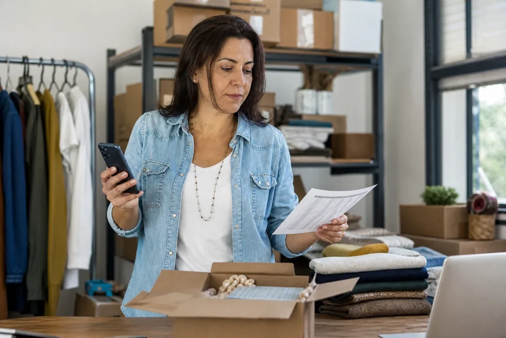 Lojista brasileira confere planilha impressa e celular em estoque de loja virtual
