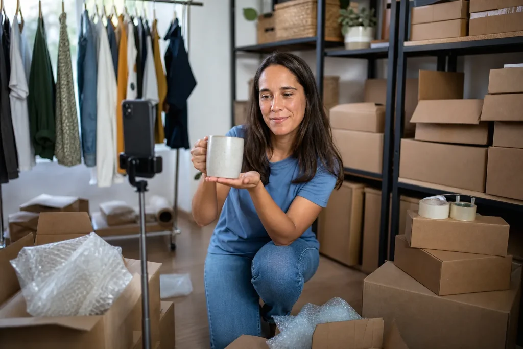 Lojista brasileira grava vídeo vertical de produto com celular no estoque da loja virtual