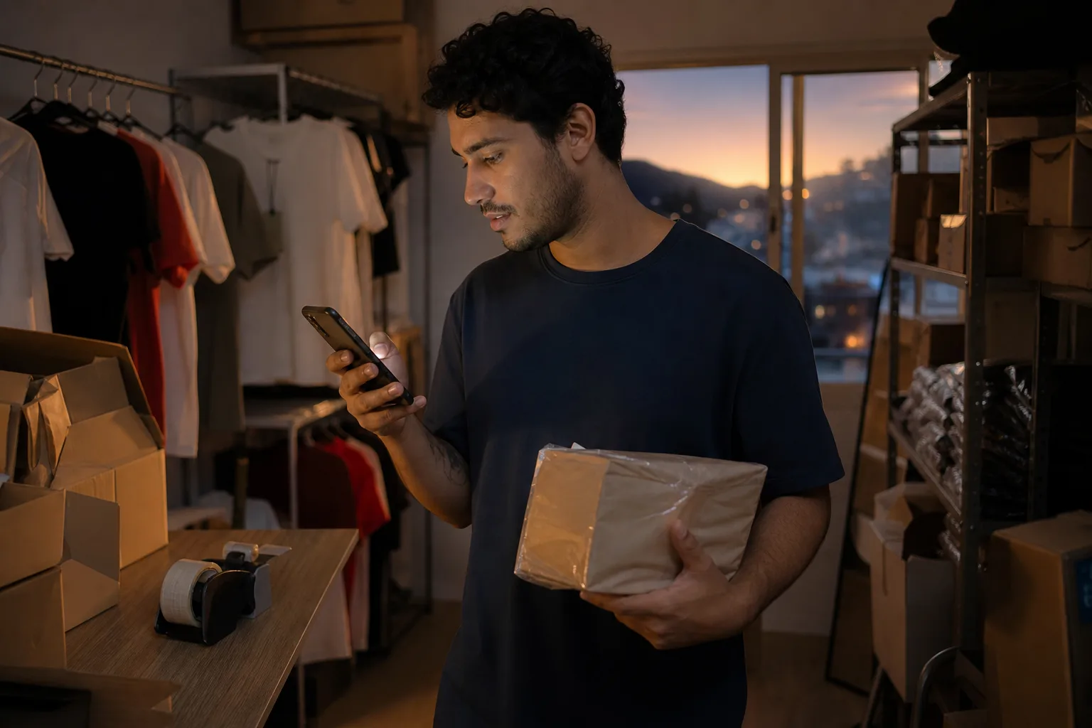 Lojista responde mensagens de clientes pelo celular enquanto segura um pacote pronto para envio