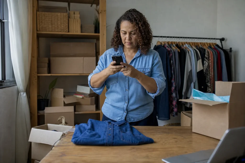 Lojista brasileira fotografando um produto com o celular no estoque para publicar anúncio