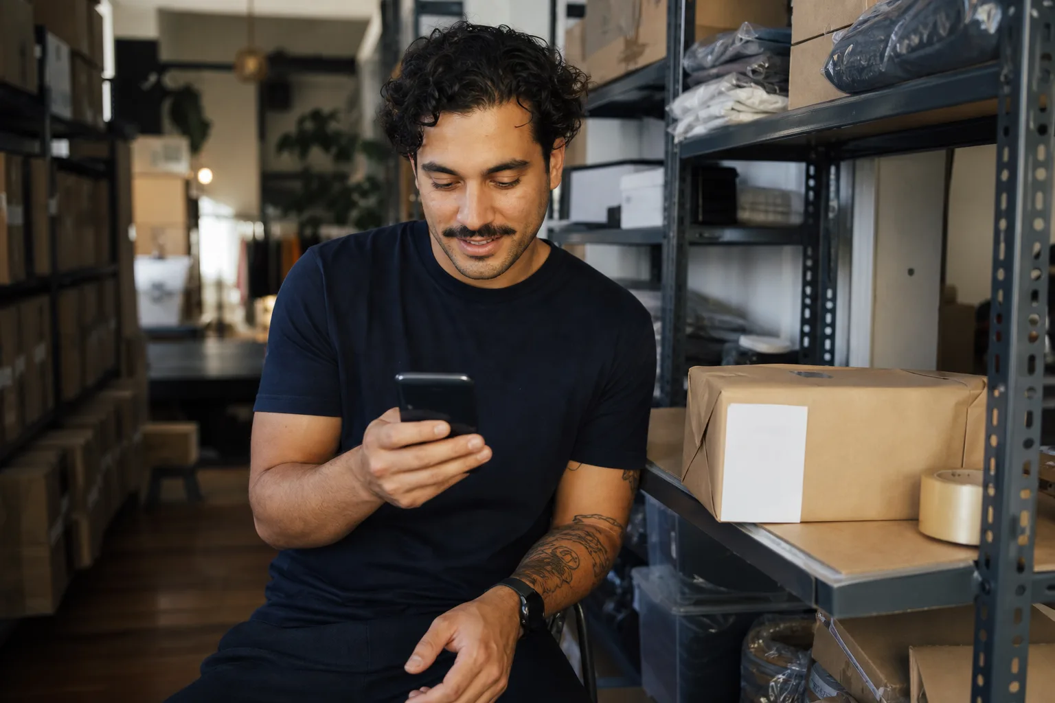 Vendedor respondendo mensagens de clientes pelo celular ao lado de pedidos embalados