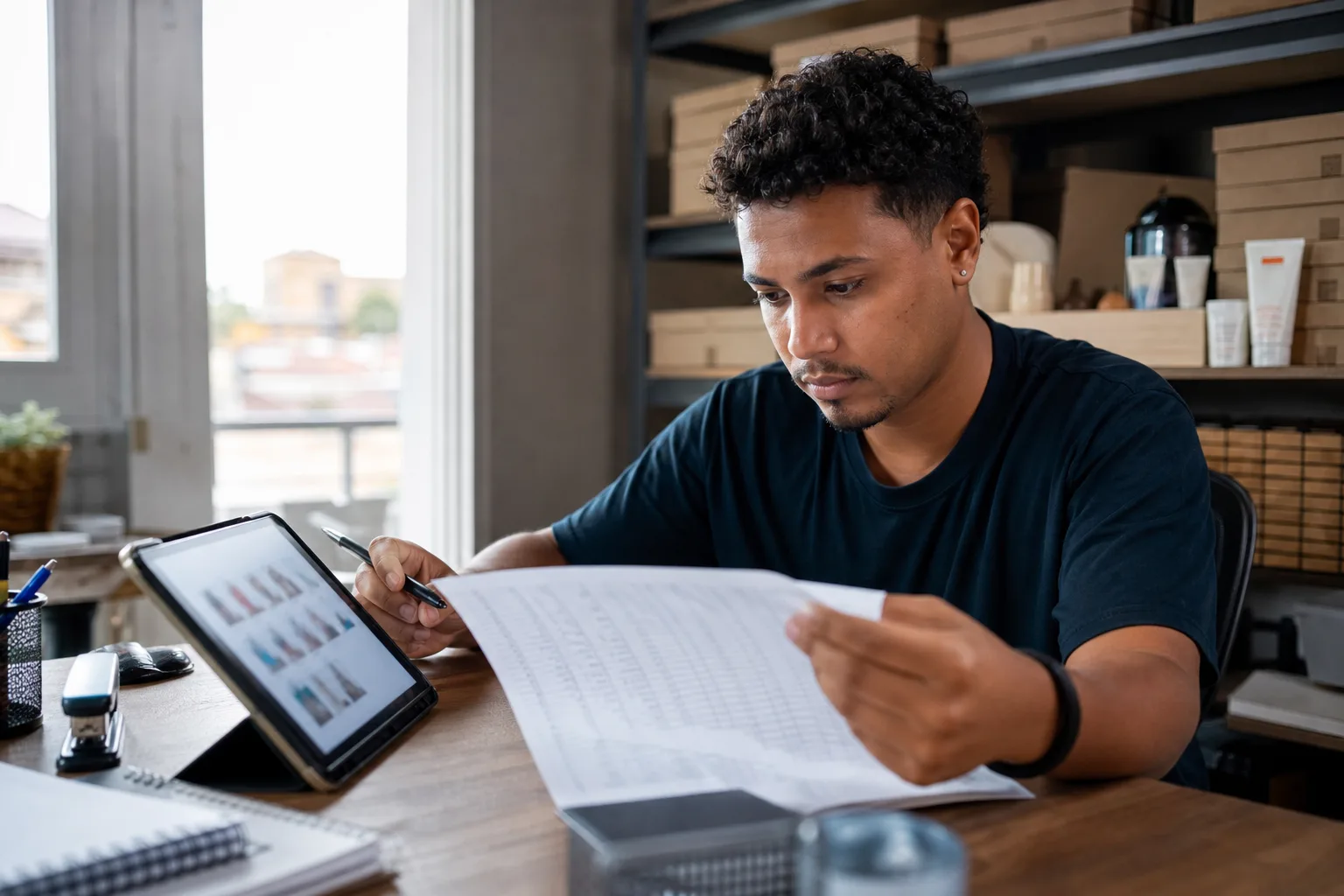 Gestor de e-commerce analisando planilha impressa ao lado de um tablet com fotos de produtos