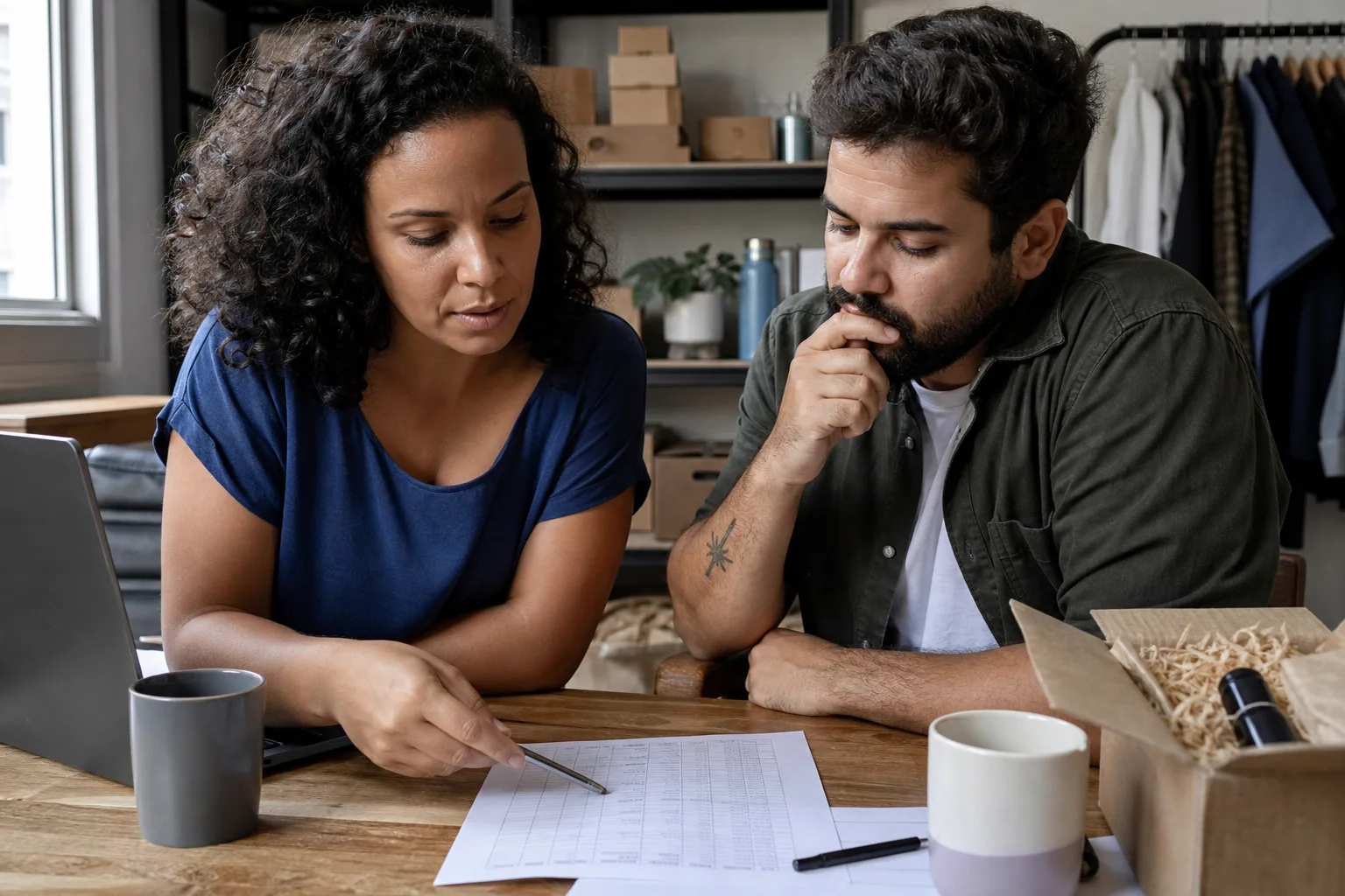 Dois lojistas analisam uma planilha impressa de resultados sobre a mesa de um escritório pequeno