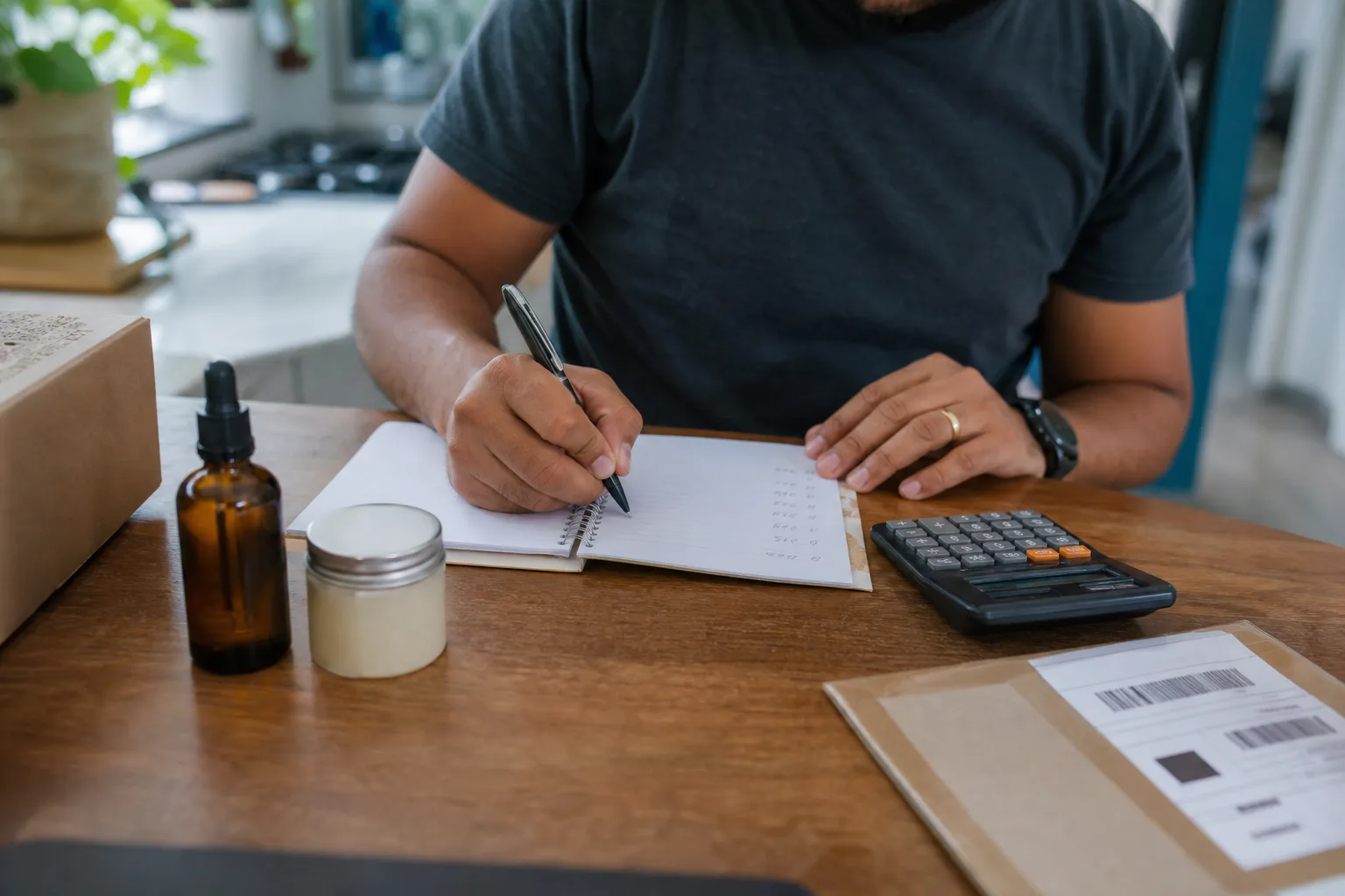 Mãos anotando cálculos de margem em caderno ao lado de calculadora e produtos