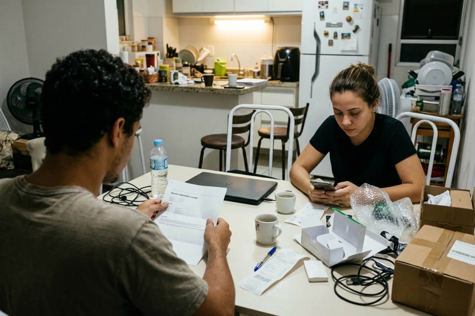 Sócios conferem o comprovante de registro do domínio e testam a loja no celular na mesa da cozinha