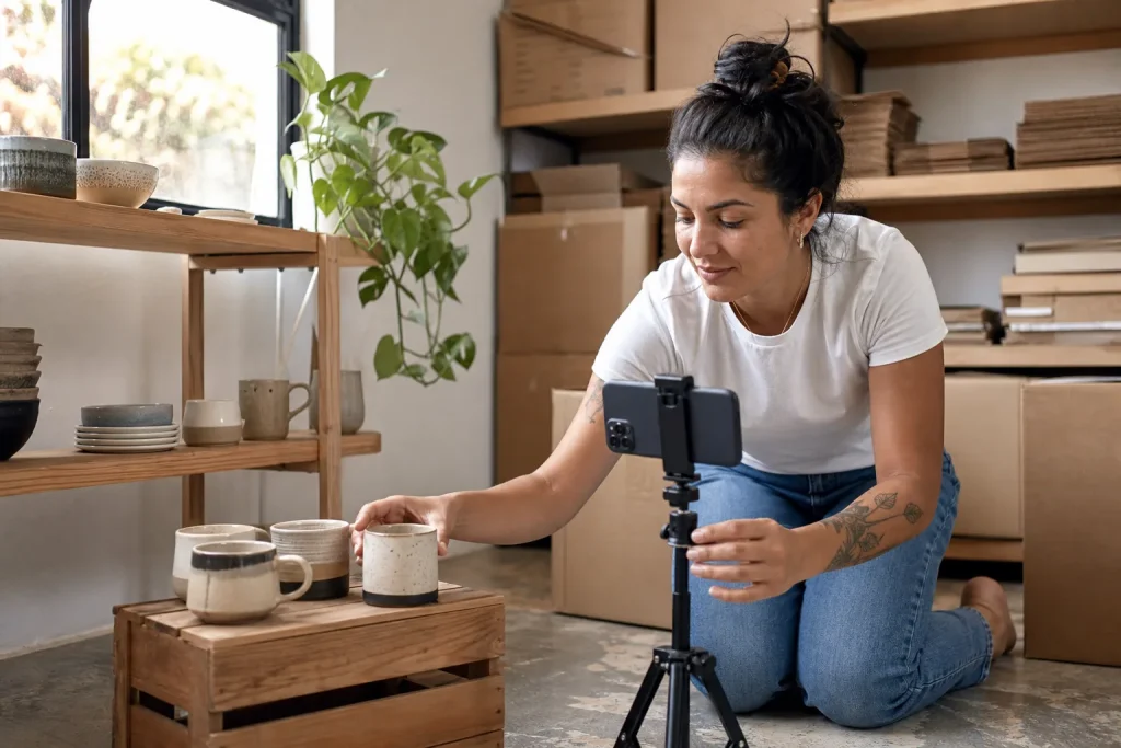 Lojista brasileira fotografando canecas de cerâmica com celular em tripé para montar catálogo de produtos