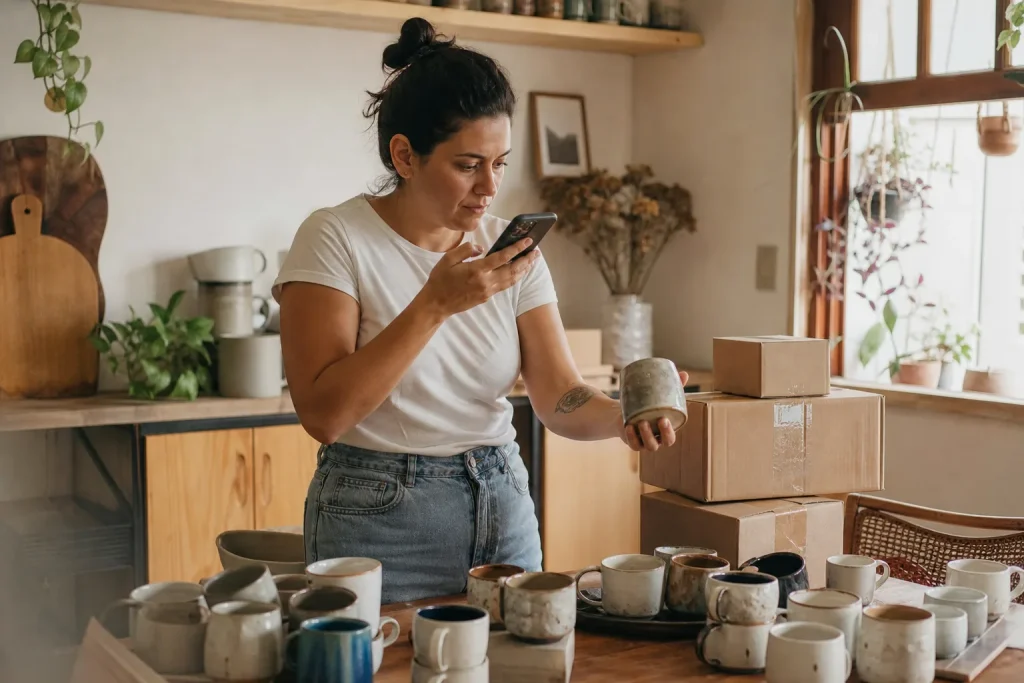 Mulher fotografando produto artesanal com celular sobre mesa, ao lado de caixas de envio