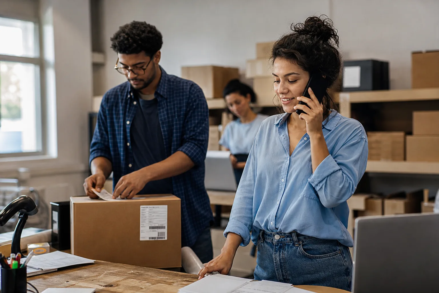 Equipe brasileira de e-commerce separando pedidos e atendendo clientes pelo celular em pequena operação.