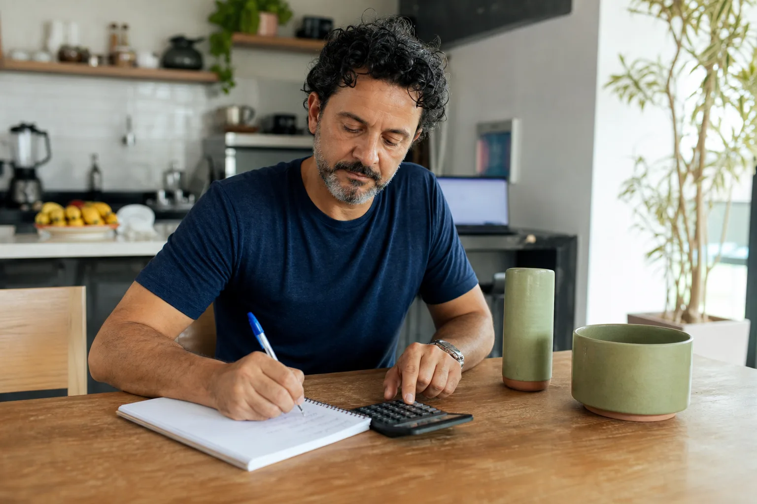 Homem calcula custos de produto à mão em caderno sobre mesa de cozinha