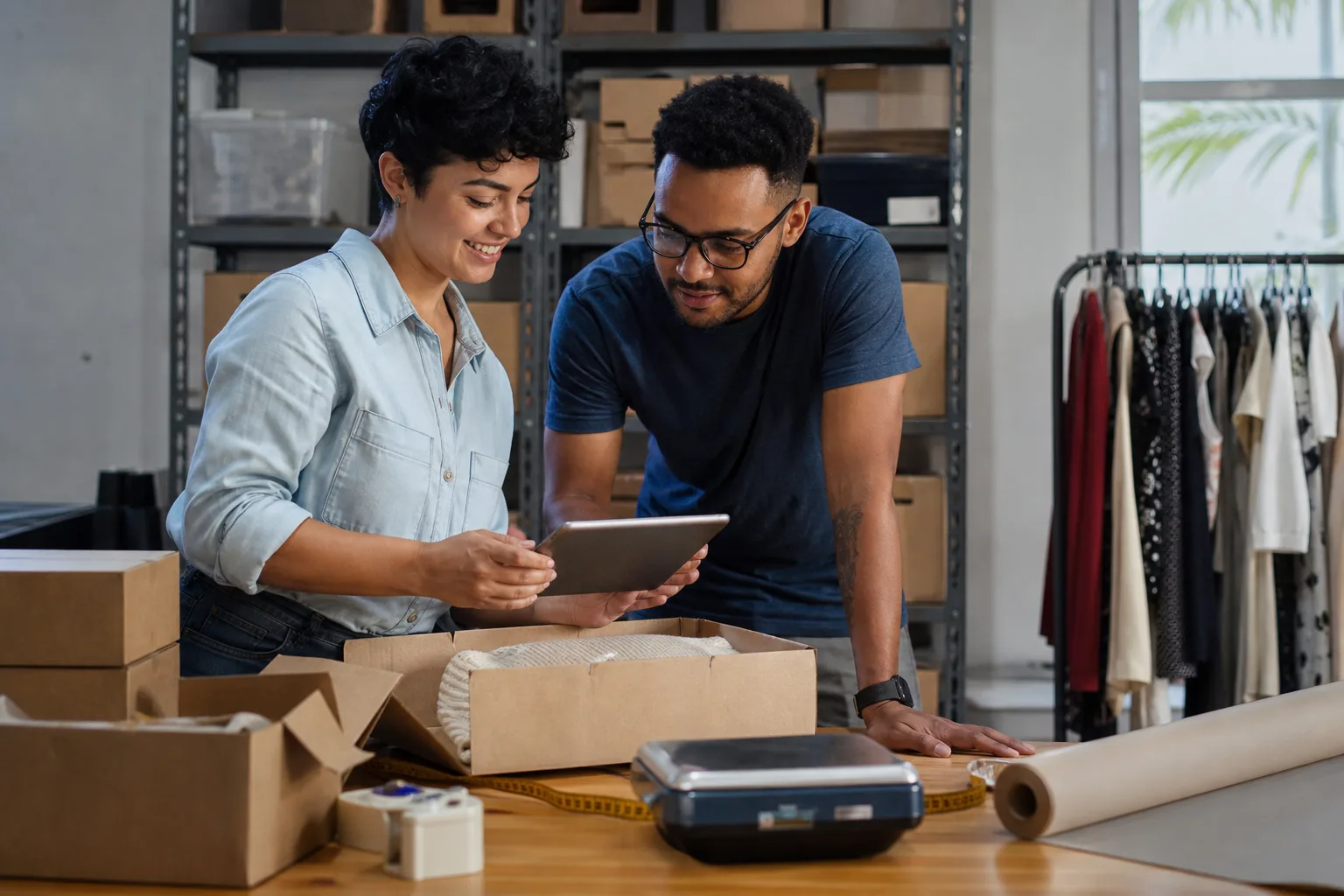 Equipe de pequena operação de e-commerce conferindo pedidos e embalando produtos para envio