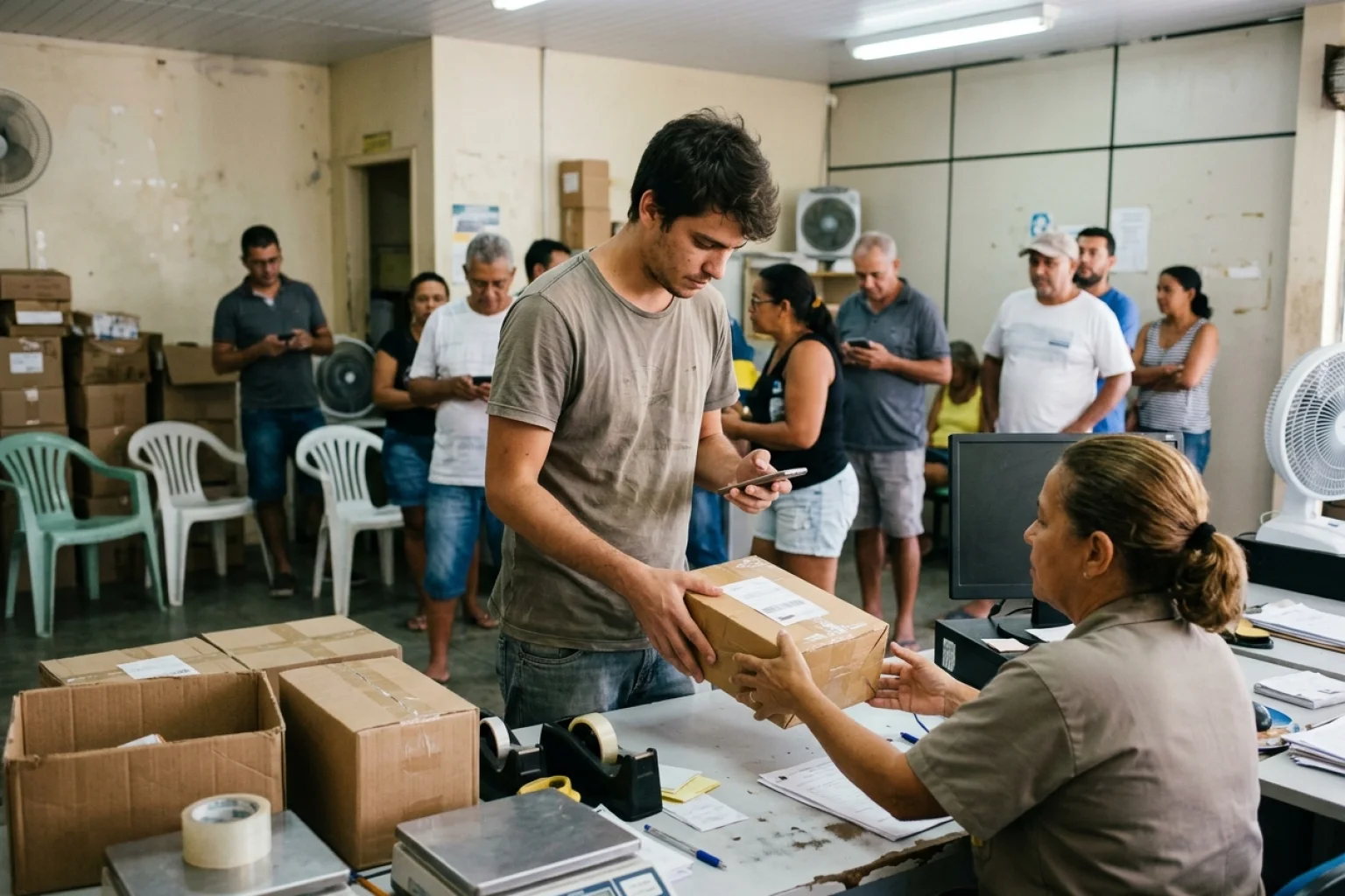 Lojista entrega pacote com etiqueta no balcão dos Correios para despachar pedido da loja virtual