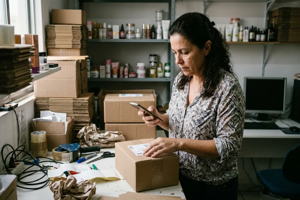 Dona de loja de cosméticos confere etiqueta de pedido com o celular na mão no estoque