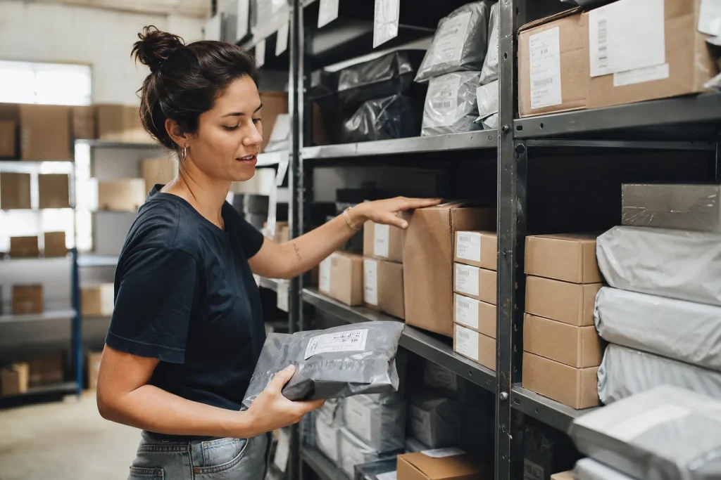 Dona de e-commerce regional conferindo pedidos embalados em um pequeno estoque no Sul do Brasil