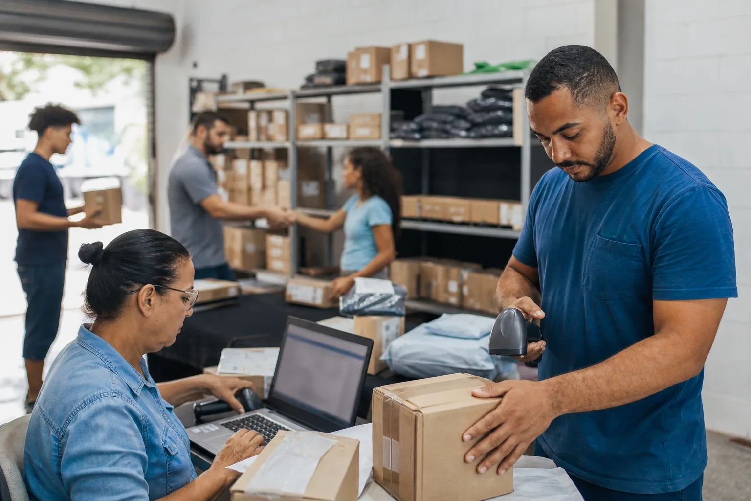 Equipe de e-commerce regional separando encomendas para coleta em um estoque pequeno