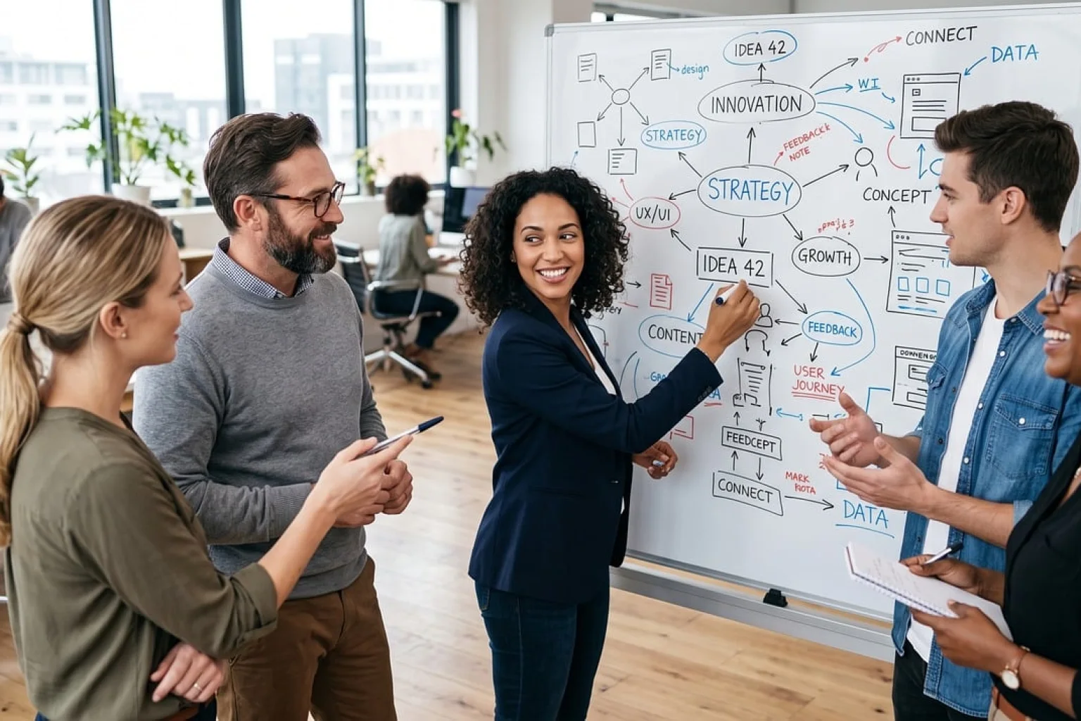 Equipe de loja virtual desenha no quadro branco os fluxos de automação de marketing da loja