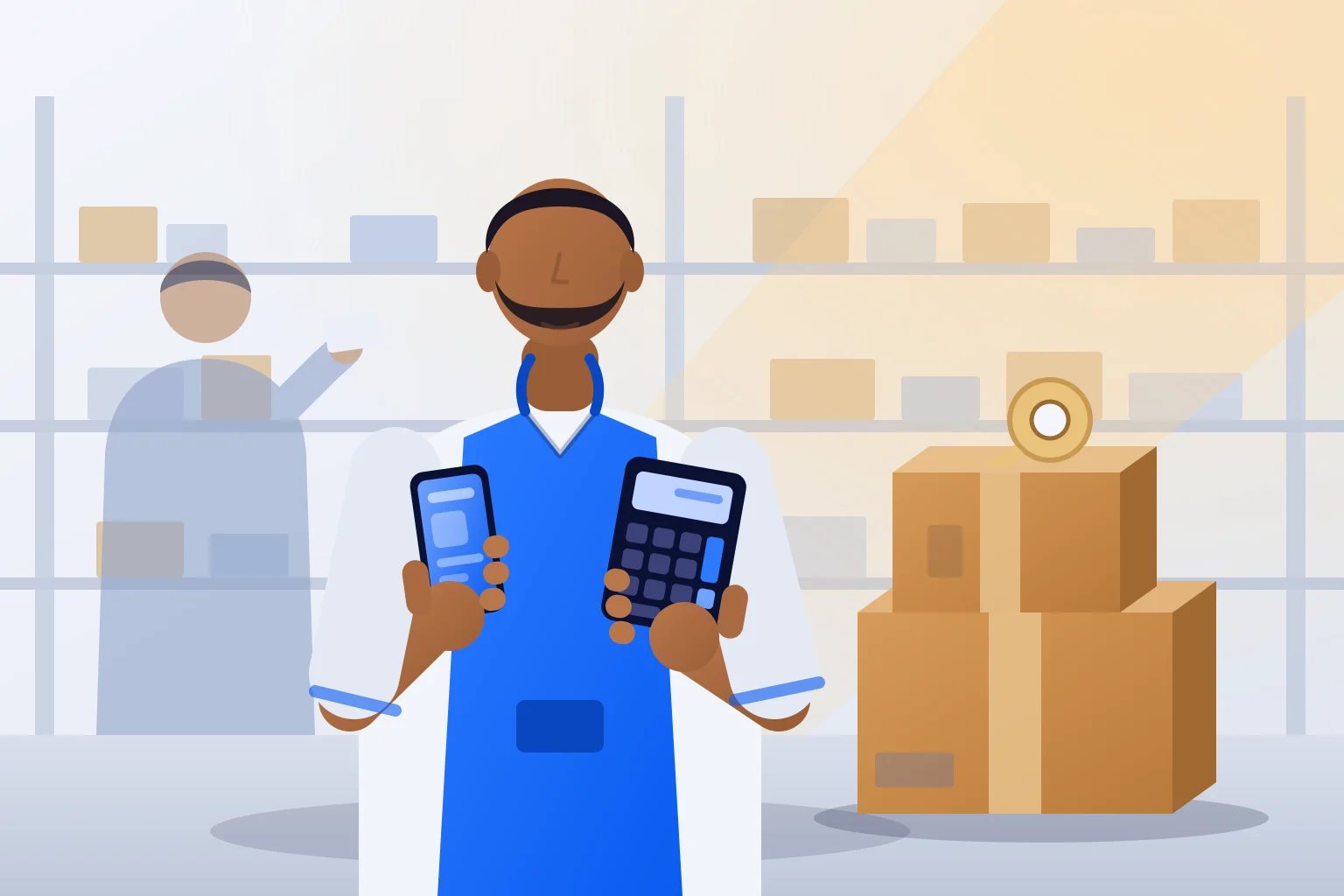 Gestor de loja virtual calcula margem de pedidos ao lado de caixas no estoque