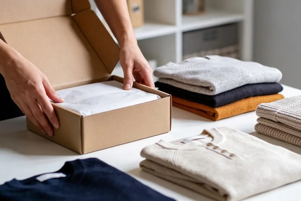 Lojista fecha caixa de pedido com cartão em branco por cima, no estoque de uma pequena marca de cosméticos