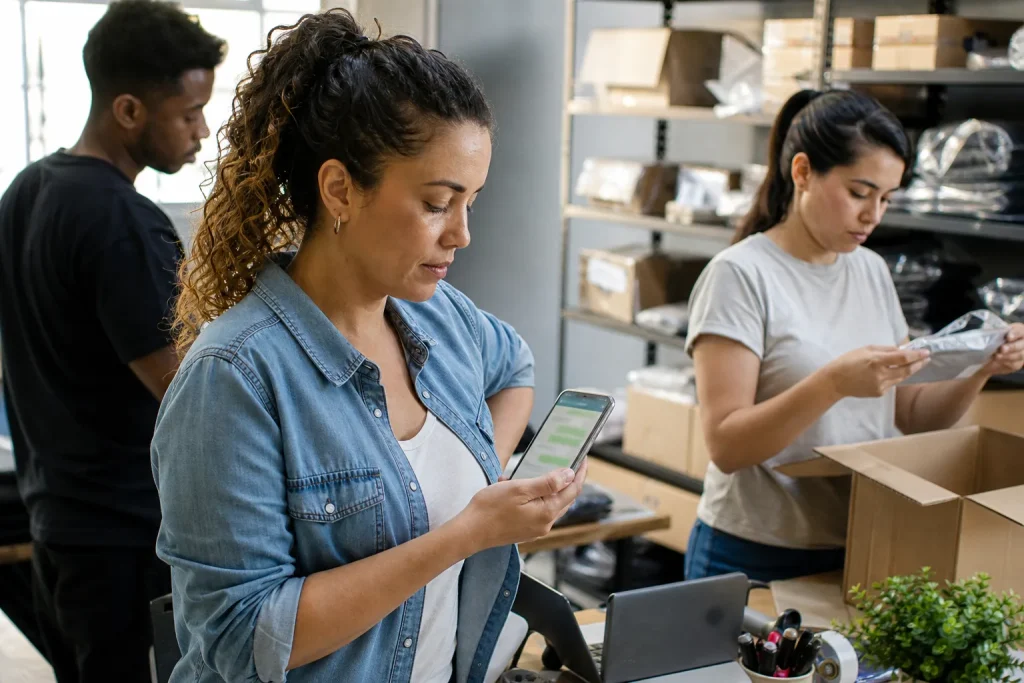 Equipe de e-commerce brasileira usando WhatsApp no estoque para orientar venda assistida com IA.