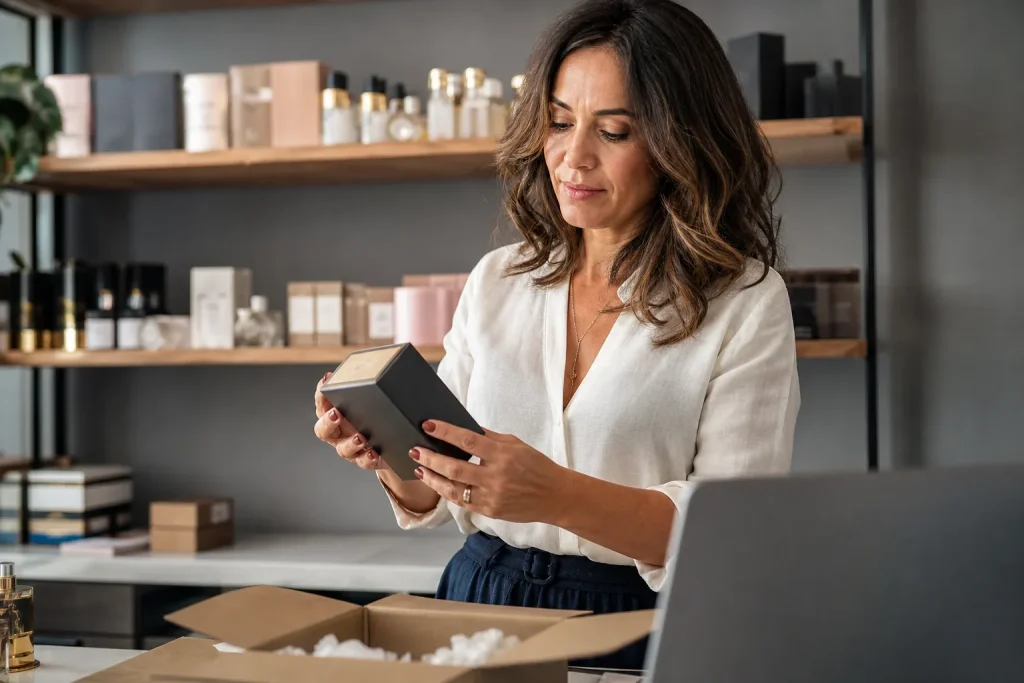 Gestora brasileira avaliando embalagem de perfume premium antes de vender em marketplace.