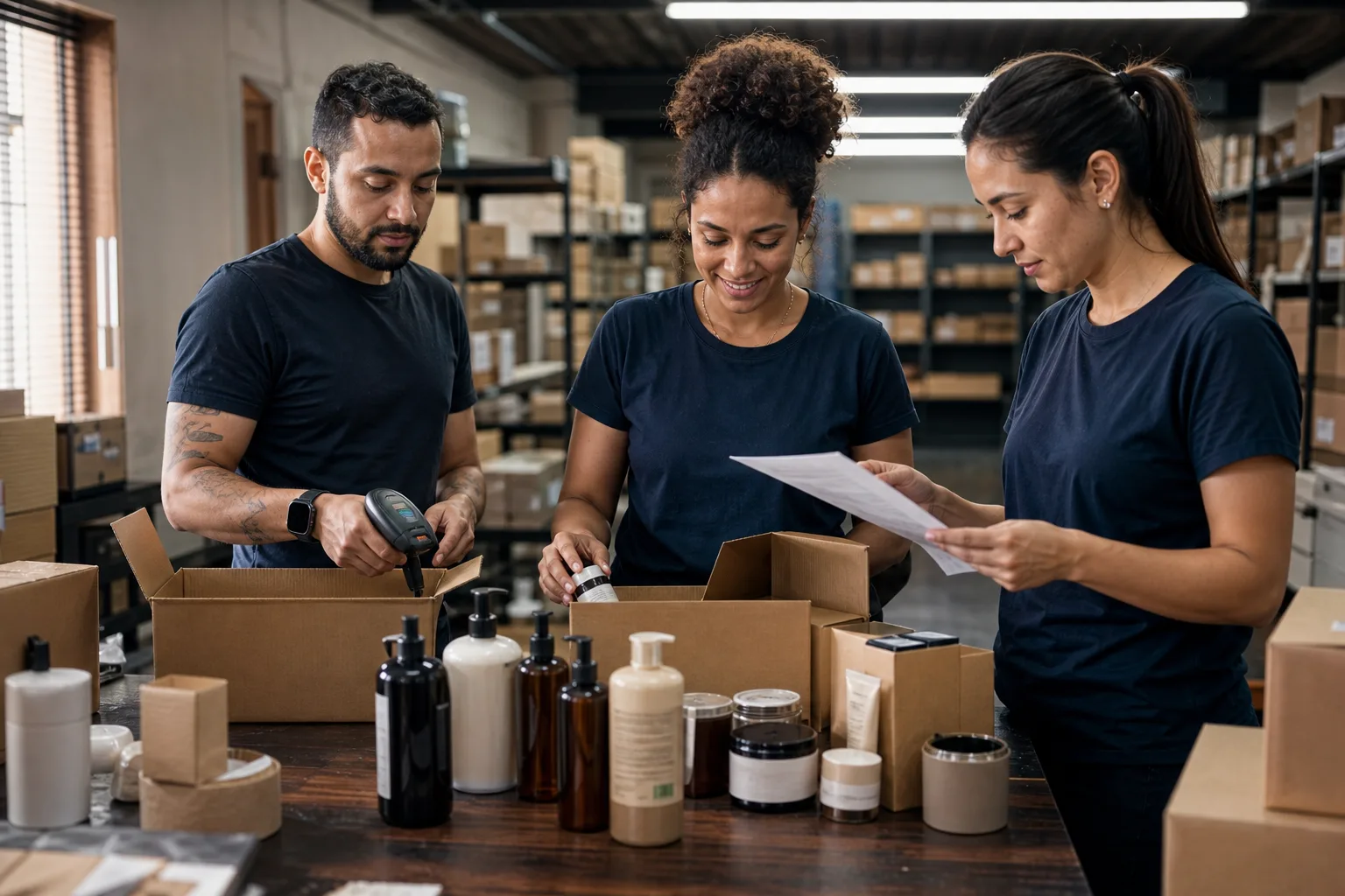 Equipe de e-commerce conferindo produtos de beleza premium antes da expedição.