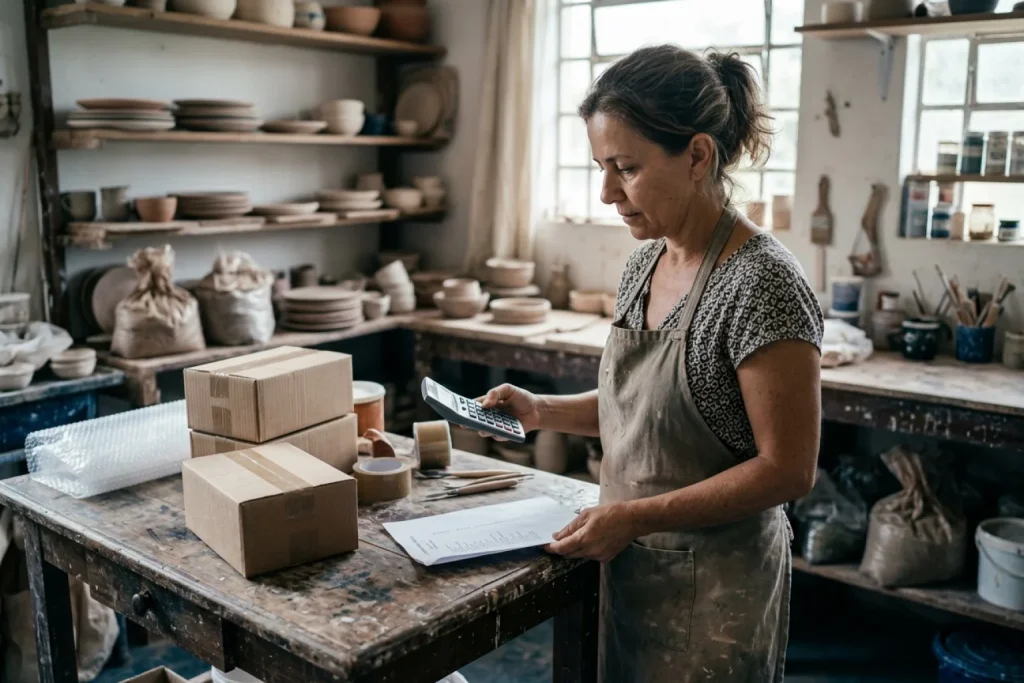 Empreendedora em ateliê de cerâmica faz contas ao lado de caixas prontas para envio