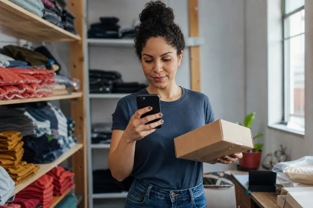 Lojista brasileira confere celular enquanto segura caixa de pedido em estoque de roupas