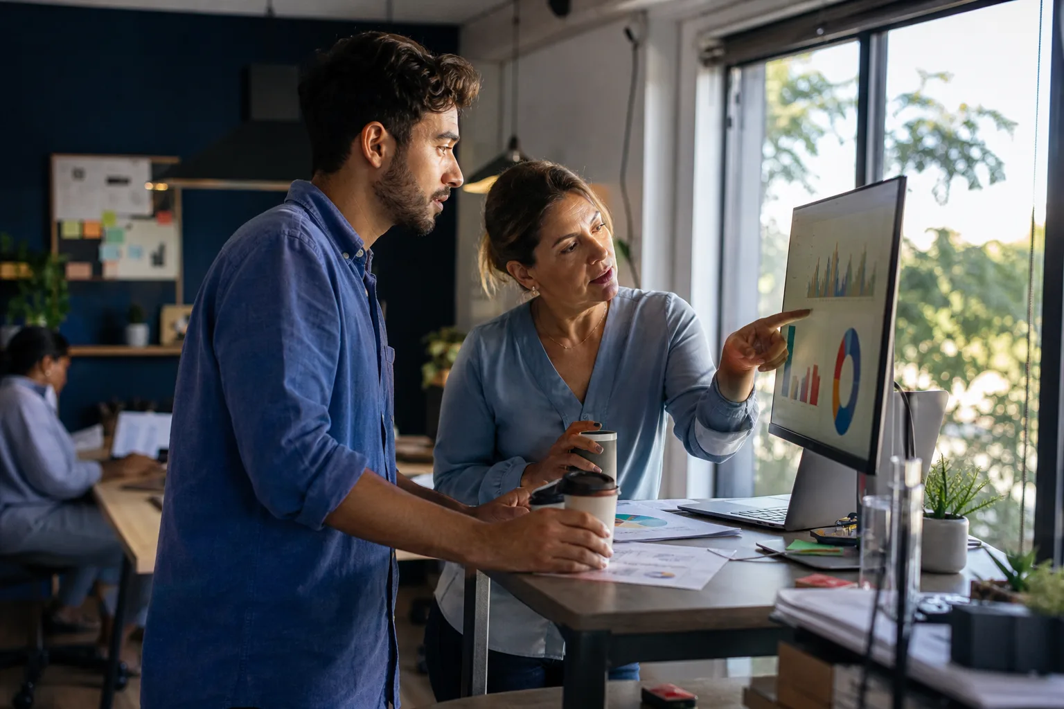Dupla de gestores analisa gráficos de desempenho de campanha em um monitor no escritório