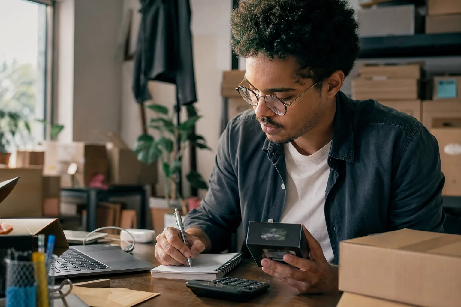 Lojista contando produtos em estoque doméstico e anotando números ao lado de uma calculadora