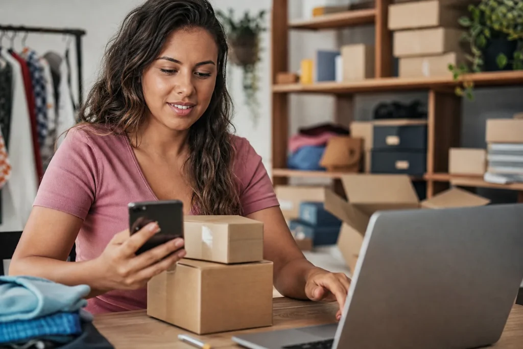 Dono de loja brasileira analisando pedidos online ao lado de produtos embalados.