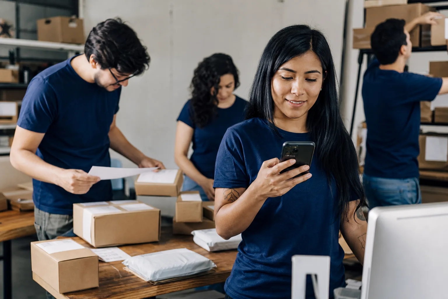 Equipe de e-commerce brasileira conferindo pedidos embalados e atendimento pelo WhatsApp.