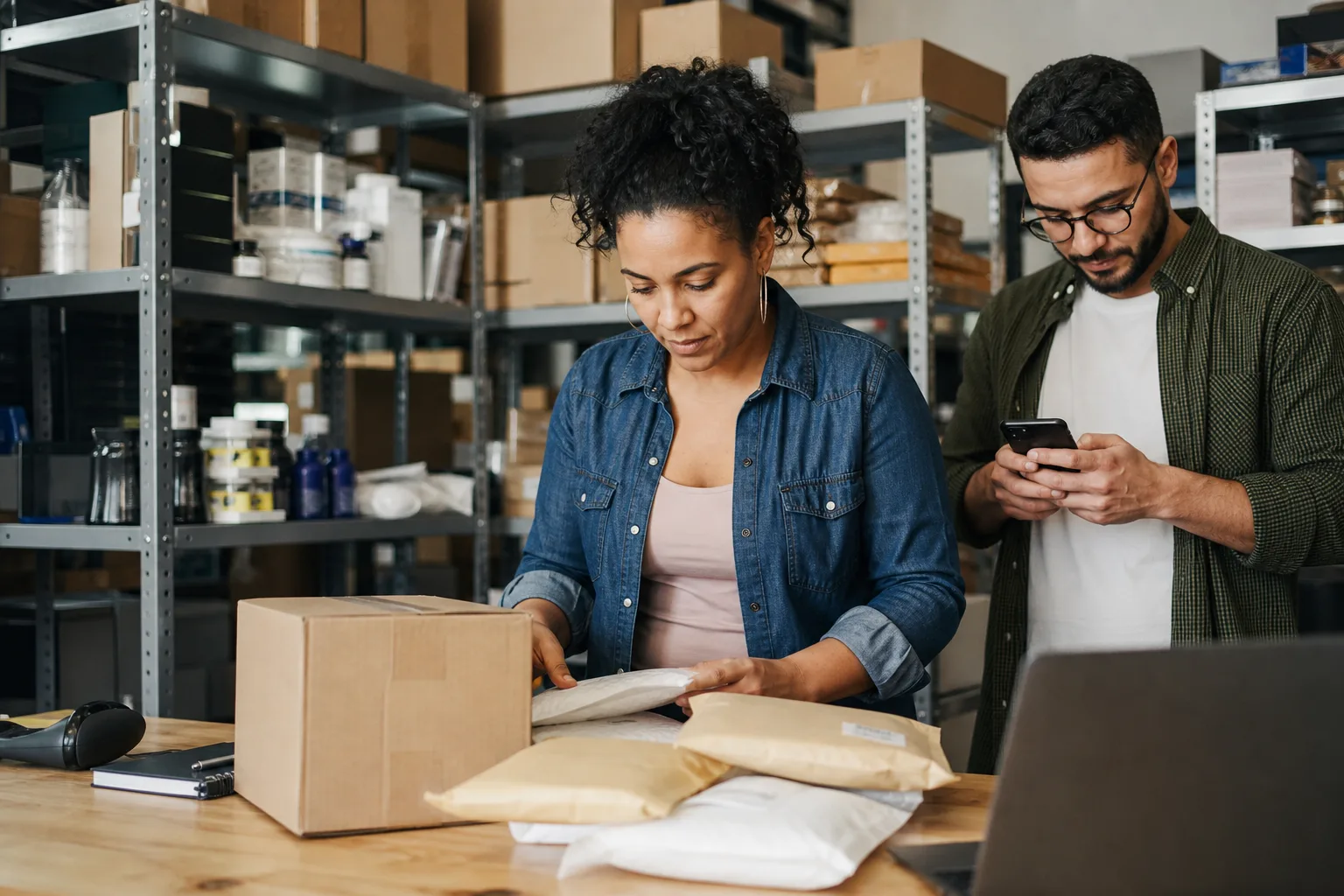 Equipe de e-commerce brasileira separando pedidos e atendendo clientes pelo celular