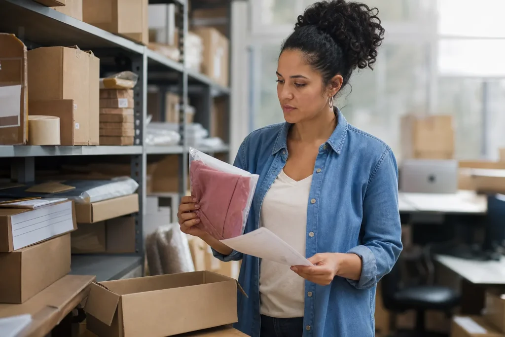 Dona de loja virtual brasileira analisando pedidos e produtos no estoque para planejar marketing