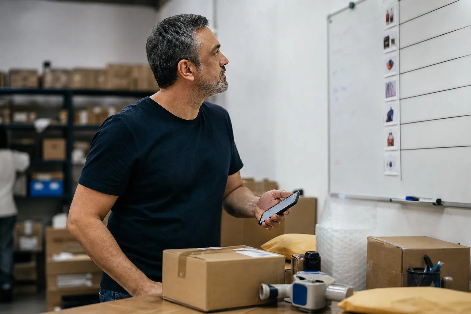 Gestor de e-commerce revisando categorias, caixas de envio e celular em bancada de expedição