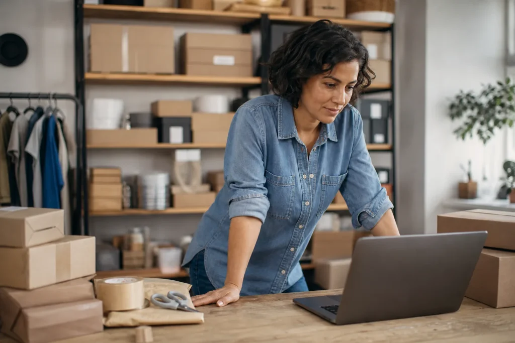 Lojista brasileira conferindo pedidos no notebook em estoque de e-commerce