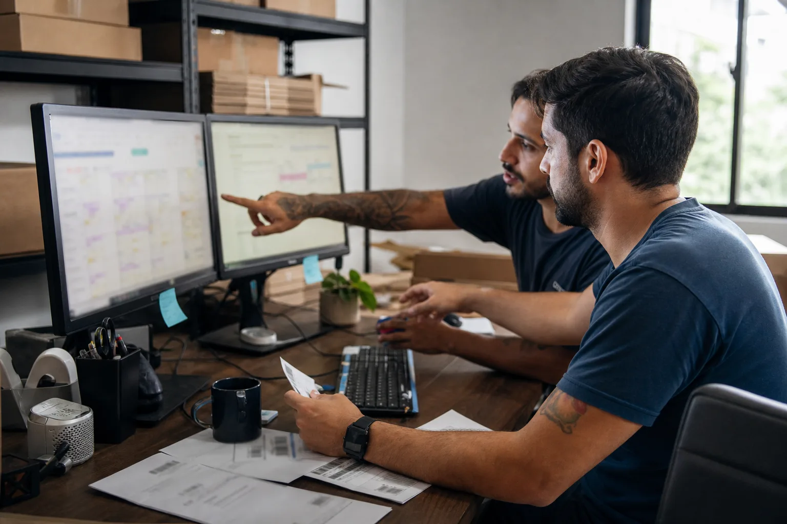 Equipe de e-commerce analisando pedidos de marketplaces em dois monitores no escritório