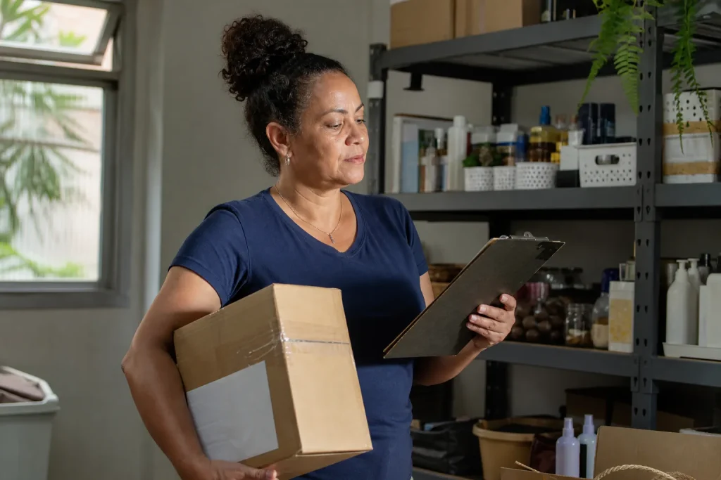 Lojista brasileira segurando caixa pronta para envio em um pequeno estoque doméstico