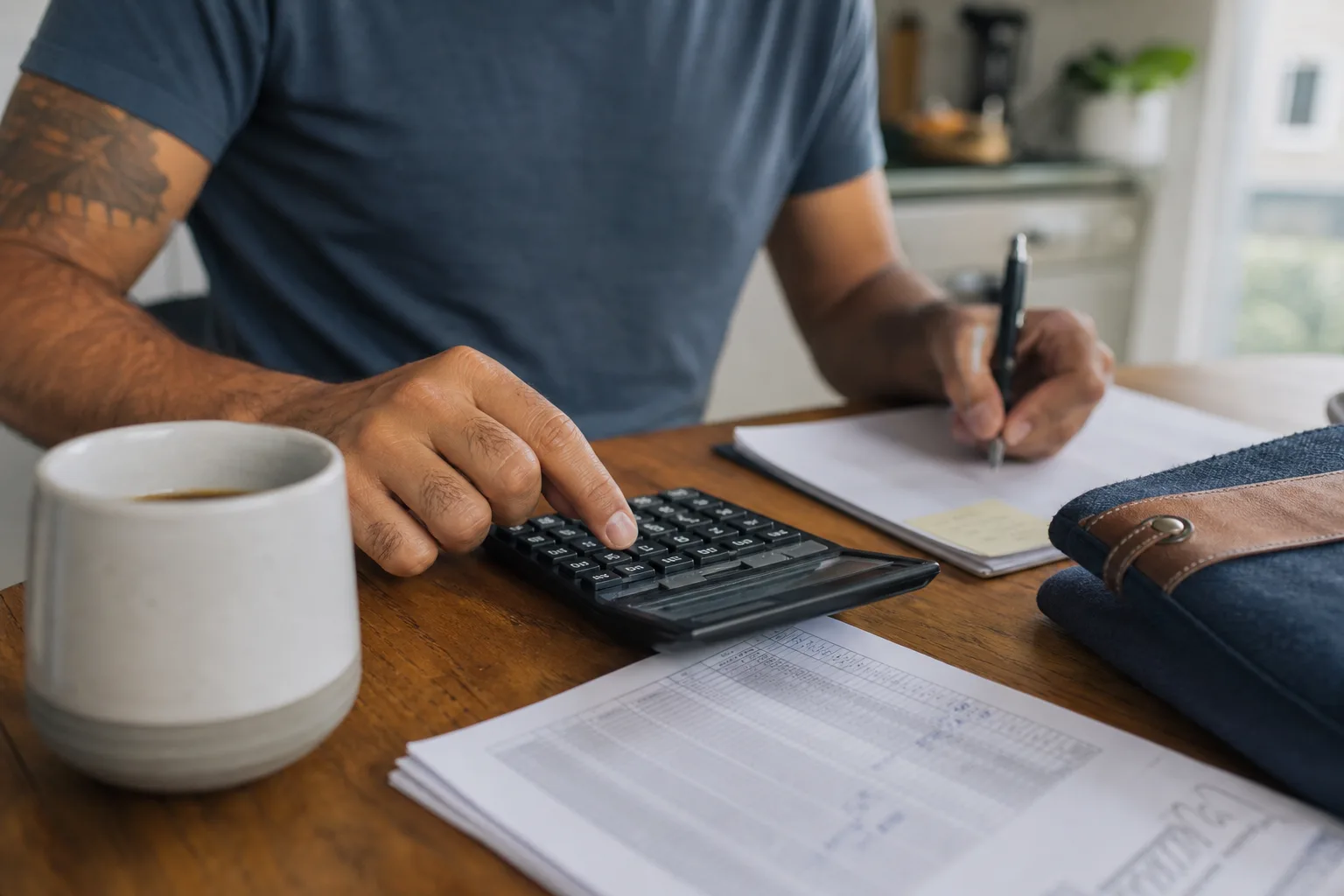 Mãos de lojista usando calculadora ao lado de planilha impressa e amostra de produto