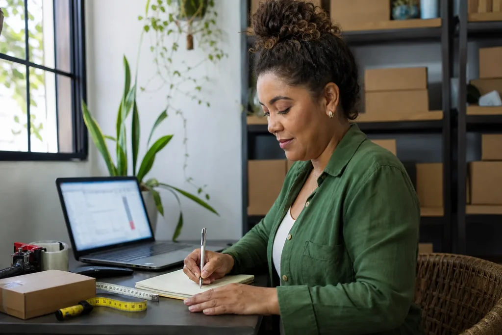 Lojista brasileira anotando informações de produtos ao lado do notebook e de caixas de estoque
