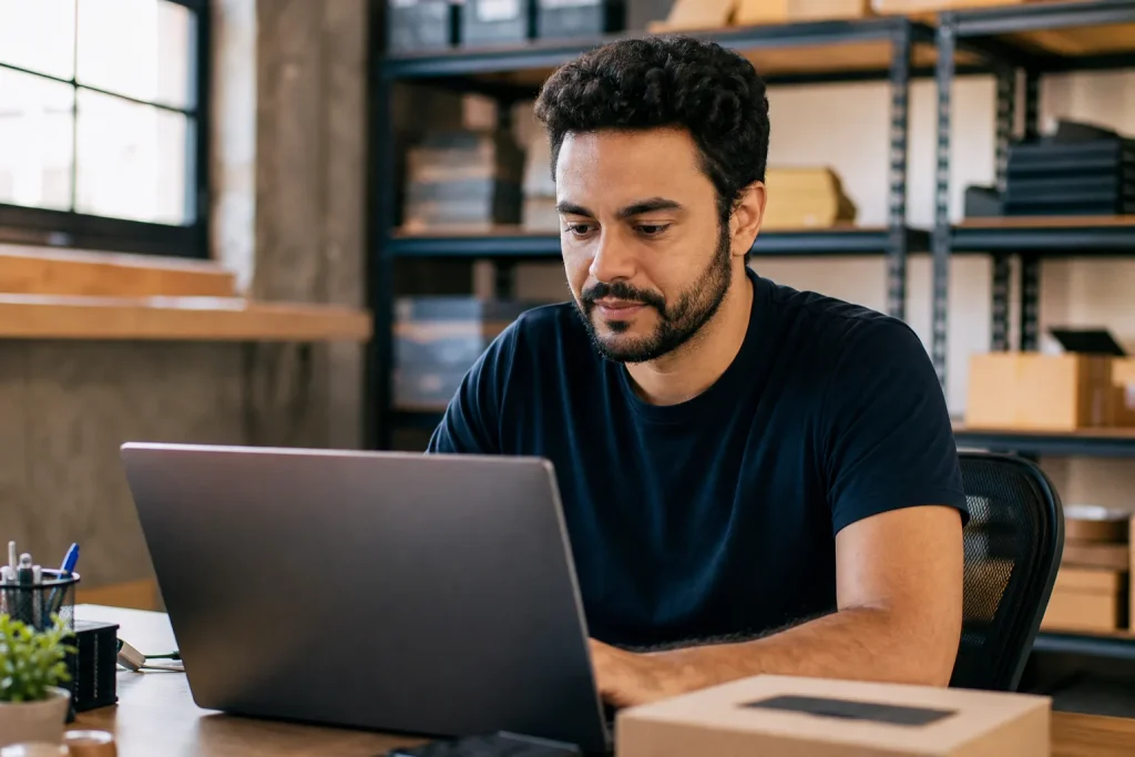 Gestor de e-commerce brasileiro analisando páginas de produto e desempenho de busca no computador