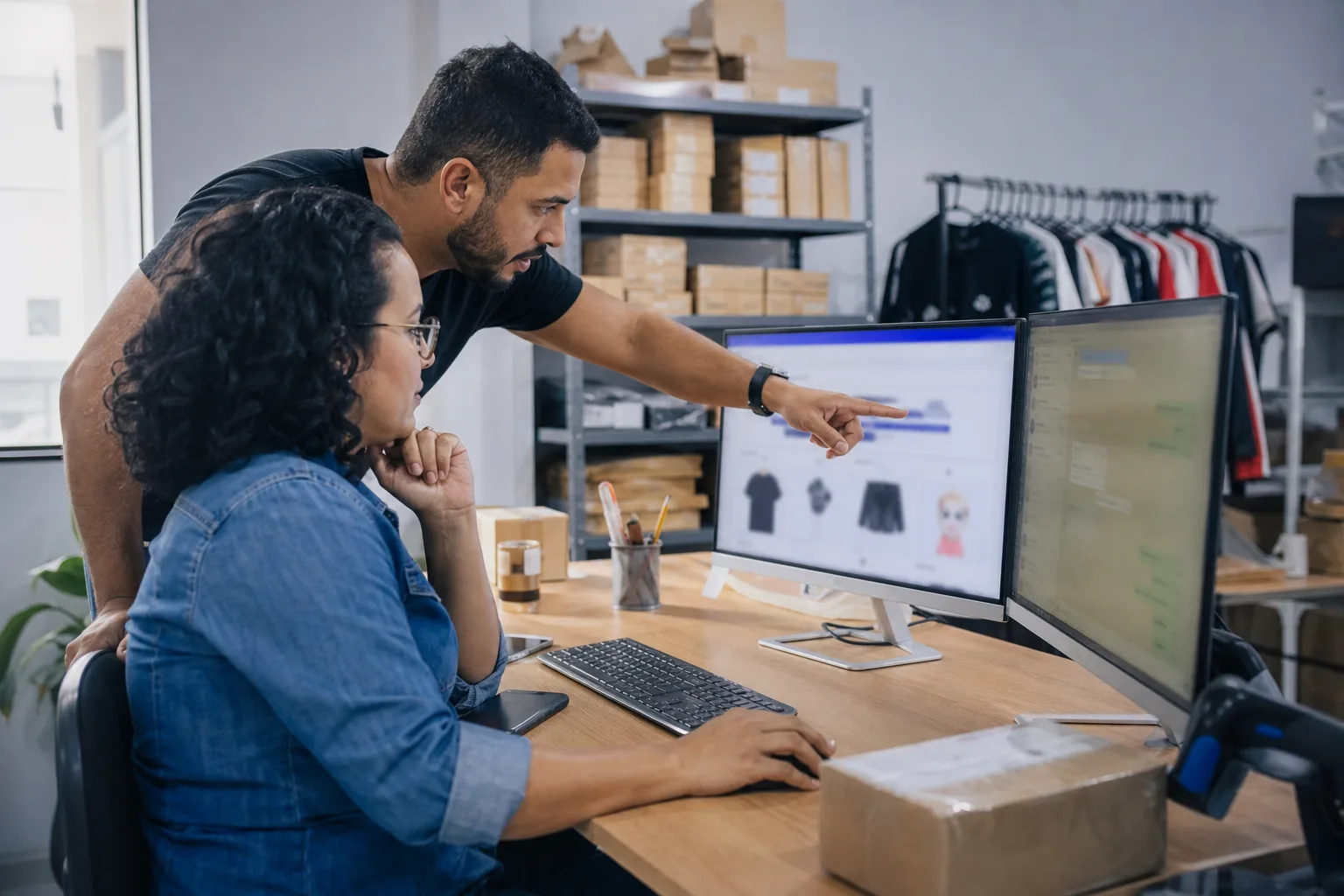 Equipe de loja virtual revisando descrições, frete e dúvidas de clientes no atendimento