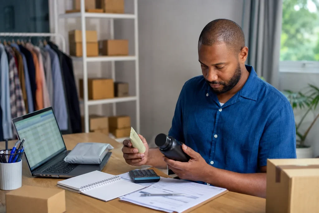 Dono de loja virtual comparando amostras de fornecedores, notas e planilha de margem antes de comprar mercadorias para revenda