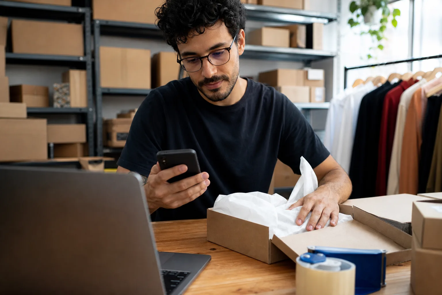 Vendedor responde mensagens no celular enquanto embala um pedido em mesa de trabalho