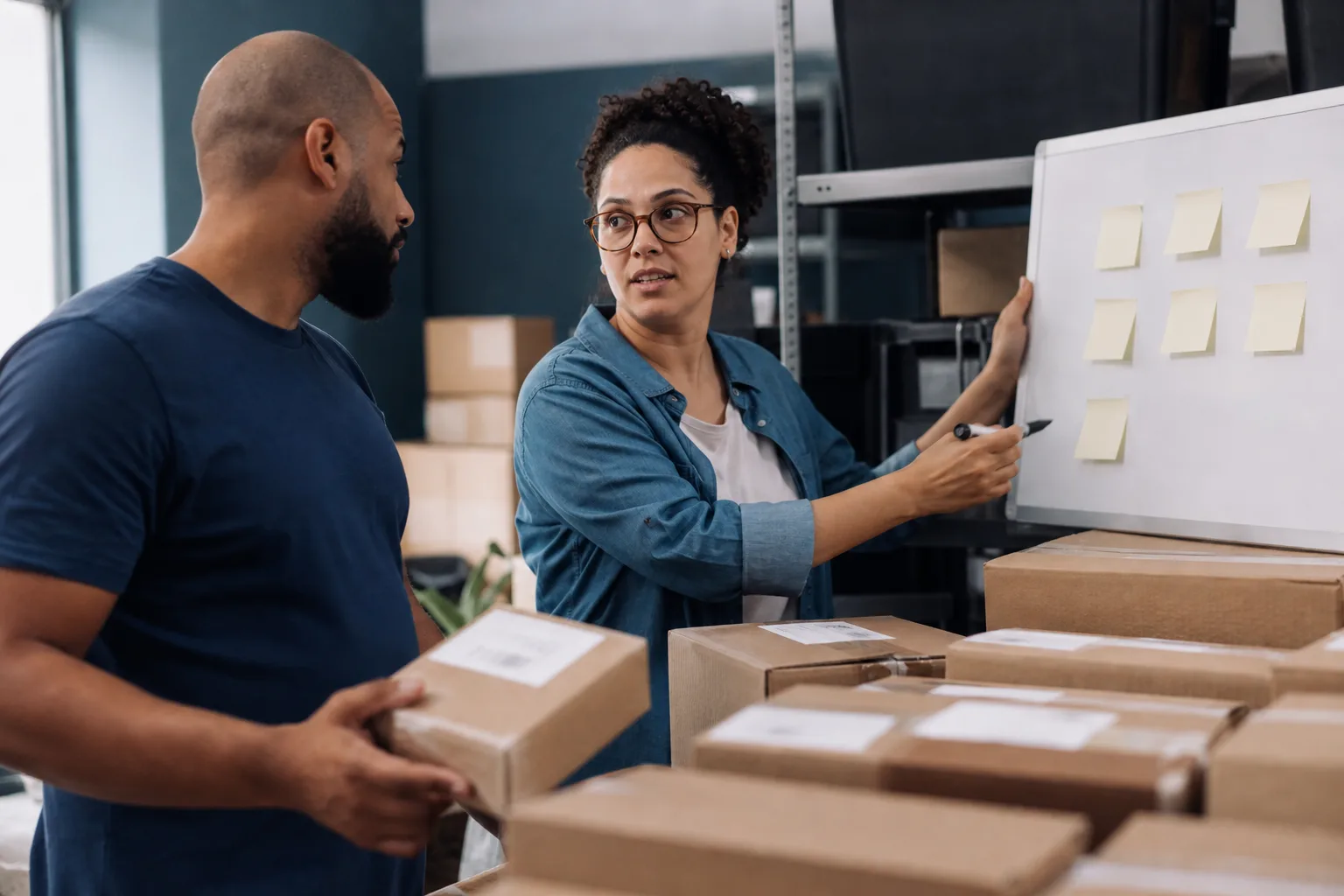 Coordenadora de operações organizando pedidos embalados com assistente em estoque de e-commerce