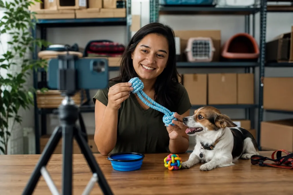 Dono de e-commerce brasileiro gravando demonstração de produto para social commerce em pequeno estoque.
